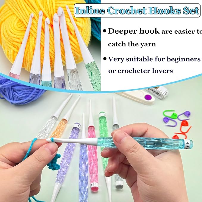 Hobekoee Inline Crochet Hooks Set,8PCS Plastic Crochet Hooks Long Crochet Hook Set with Case,Colorful Non-Slip Crochet Needles for Crocheting Yarn,Size 2.5mm-6mm