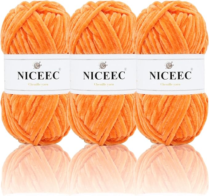 NICEEC 3 Skeins Soft Chenille Yarn Blanket Yarn for Knitting Fancy Yarn for Crochet Weaving DIY Craft Total Length 3×85m (3×93yds, 3×50g)_Orange
