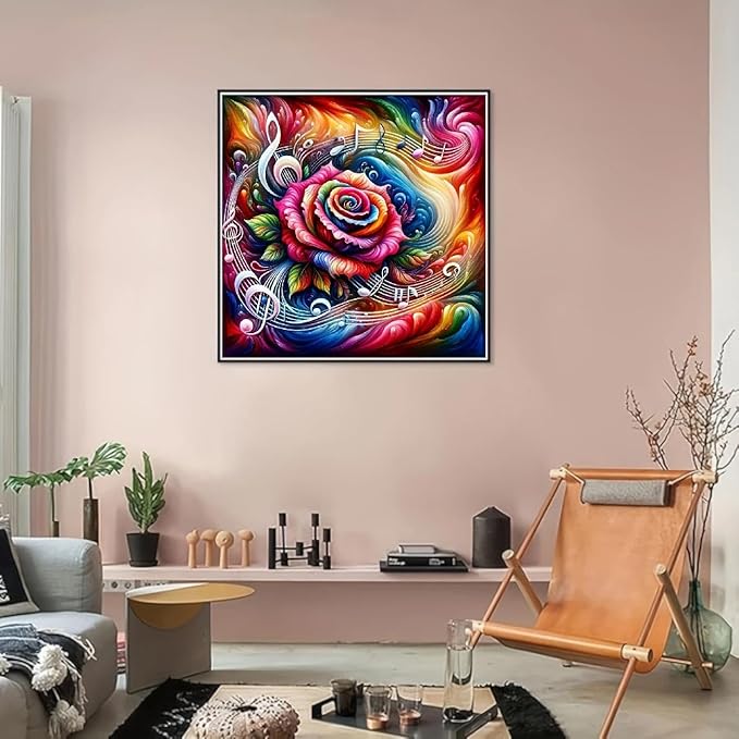 STGLCR Music Diamond Painting Kits for Adults,5D Rainbow Rose Diamond Art Kits for Beginners,DIY Full Drill Diamond Gem Art with Painting Kits for Home Wall Decor 12 x 12 Inch Music Rose