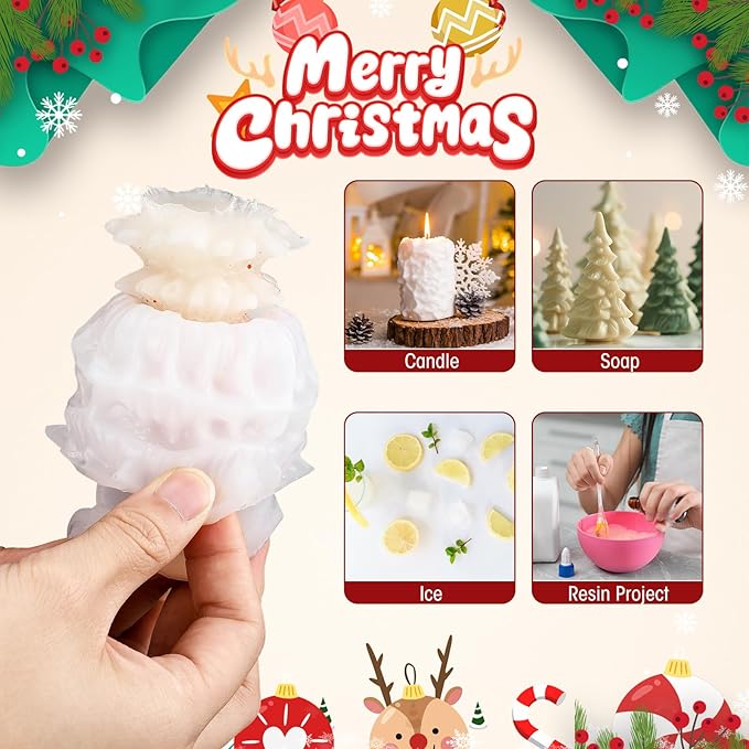 LemonRoad 10 Pcs Christmas Candle Mold Set Candle Silicone Molds Christmas Trees Santa Claus Xmas Hat Snowman Pine Shaped for Resin Soap Craft Cake Chocolate Making Kit Holiday Gift Decoration