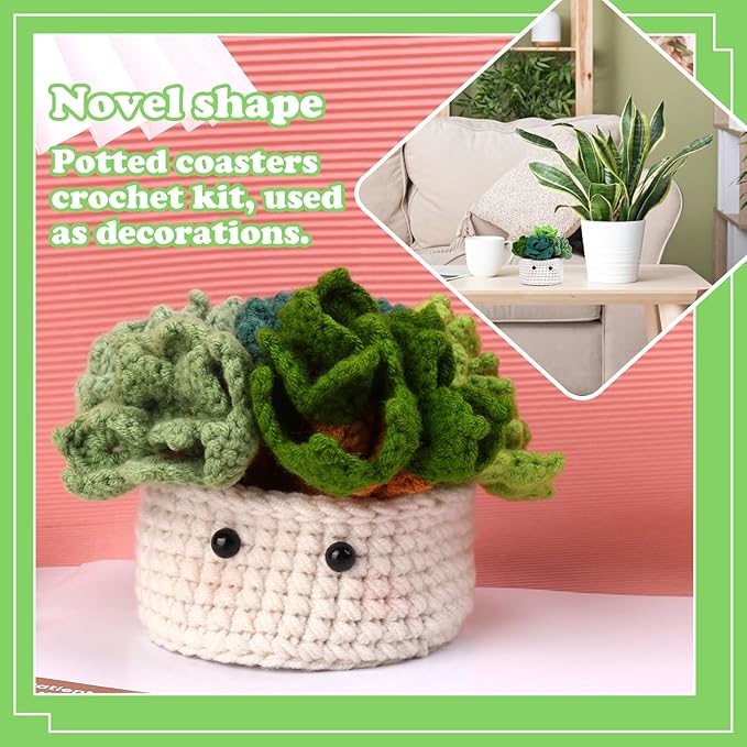 FTEVEN Crochet Kit for Beginners, 6PCS Coasters Crochet Starter Kit Plant Pot, Knitting Supplies Kit with Step-by-Step Video Tutorials, Crochet Yarn for Adults DIY Present