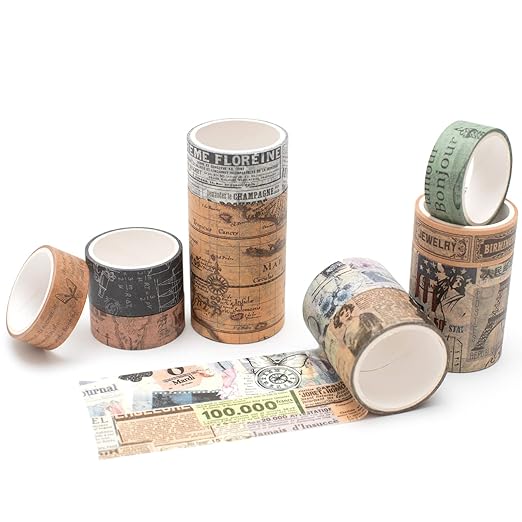 YUBX Vintage Washi Tape Set 10 Rolls Wide Decorative Antique Map Stamp Newspaper Masking Tapes for Arts, DIY Crafts, Journals