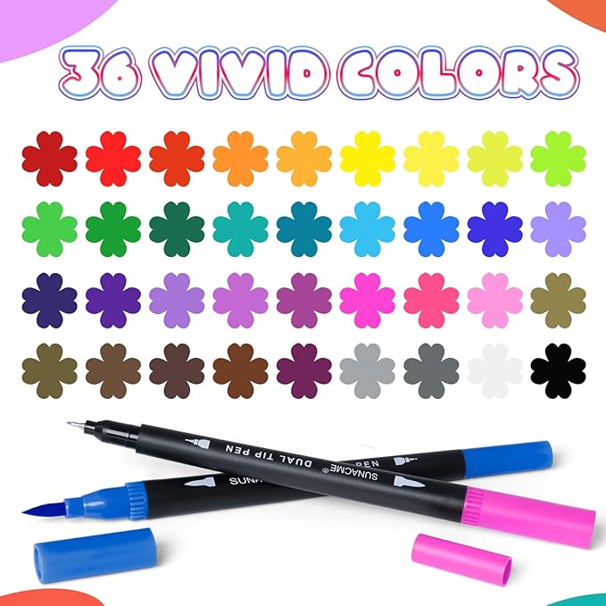 36 Colors Dual Brush Marker Pens, Art Marker Set with Brush and Fineliner Tip for Adults Coloring Books, Journaling, Note Taking