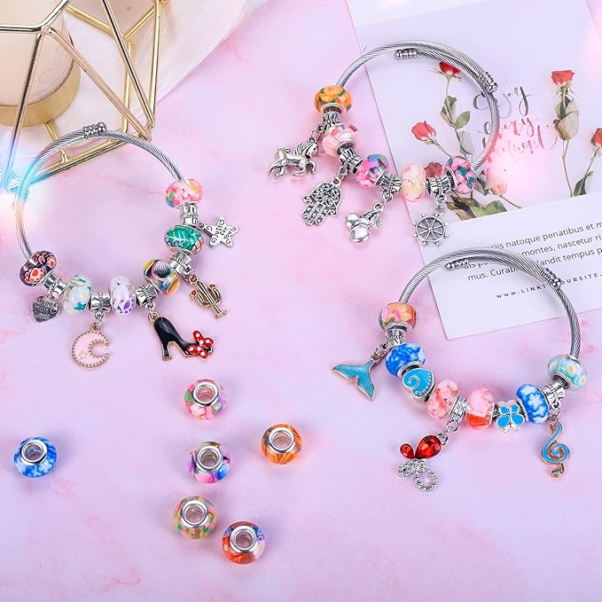 AIPRIDY Girls' Lucky Beads Lover Amber Beads, Big Hole Spacer Beads European Craft Beads for DIY Charms Bracelet Jewelry Making (Silver core Mix Color)