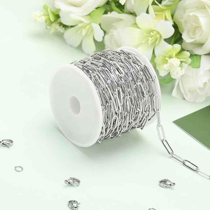 SMYHTGLIF 5 Meters Flat Paperclip Stainless Steel Jewelry Making Chains Silver Necklace Bracelet DIY Jewelry Making Findings