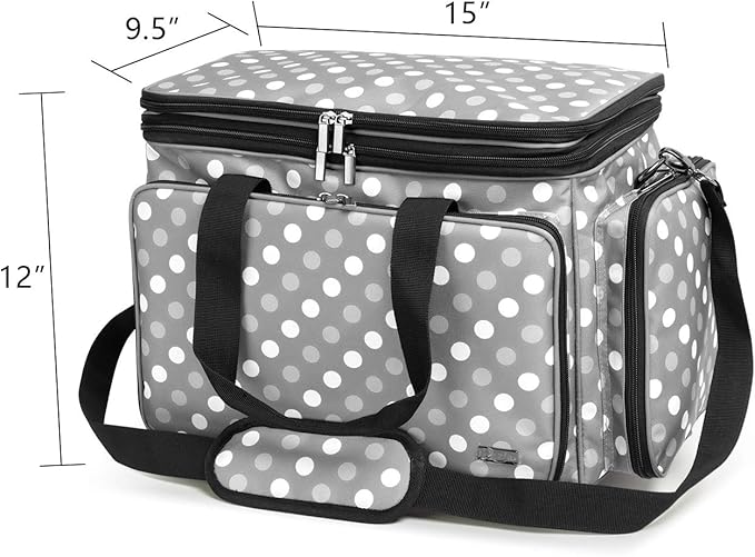 LUXJA Knitting Bag, Yarn Bag with Cover and Shoulder Strap, Yarn Tote Bag for Carrying Projects, Knitting Needles (up to 14”), Circular Needles, Crochet Hooks and Other Accessories, Gray Dots