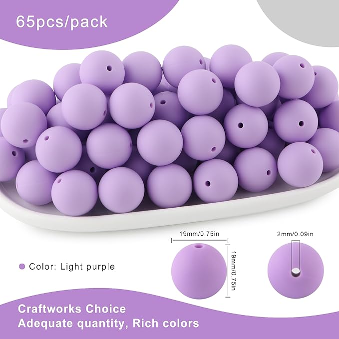 65Pcs 19mm Silicone Beads for Keychain Making Bracelet Necklace, Bulk Round Silicone Beads for Pens（Light Purple）