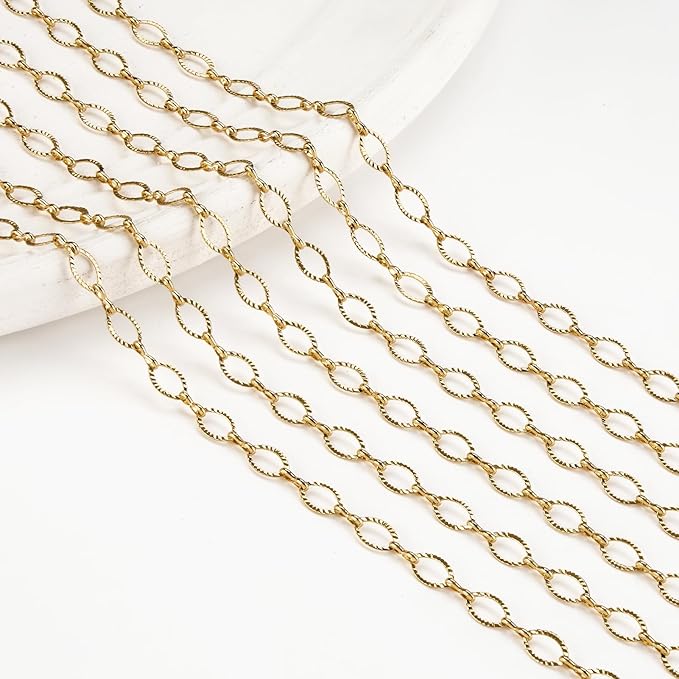 Kyutong 5 Meters Embossed Necklace Chains for Jewelry Making Gold Plated Stainless Steel Chain Roll on Spool Oval Links Jewelry Findings for Handcraft DIY