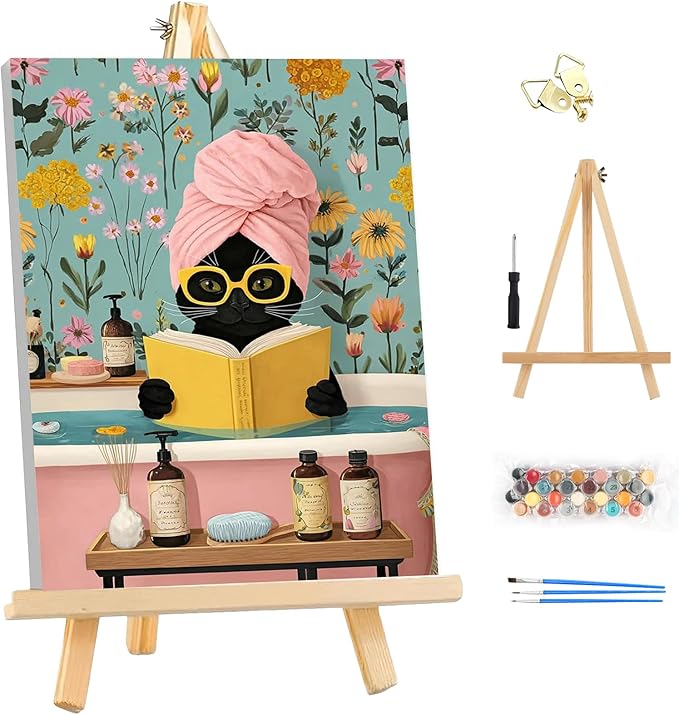 EOBROMD Framed Paint by Numbers Kits for Adults - Wooden Easel, Black Cat DIY Acrylic Paint by Number on Stretched Canvas, Painting Kits Adults Oil by Numbers for Home Decor 10x14 Inch