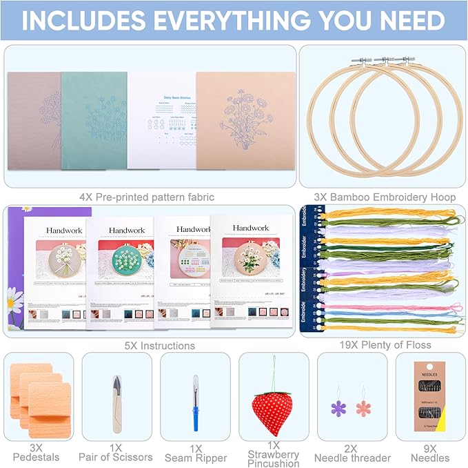 Shyshining Embroidery kit for Adults Beginners,4 Stitch Patterns with 3 Bamboo Hoops & 3 Hoop Stands,Cross Stitch Kits for Adults,Needlepoint Kits,Hand Craft,Step by Step Instructions & Video