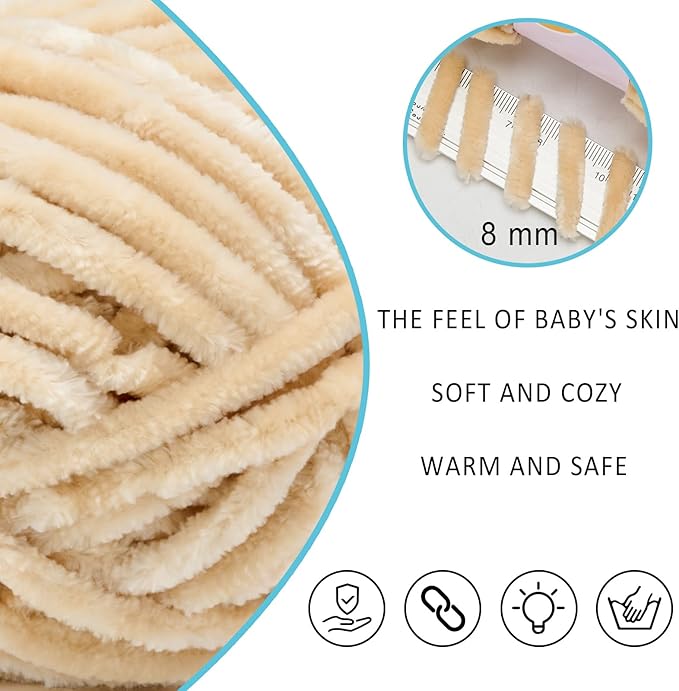 Velvet Yarn Chenille Yarn for Crocheting and Knitting Soft Chenille Bulky Baby Blanket Yarn DIY Weaving Craft 8pack Beige(4oz 66yds Each)