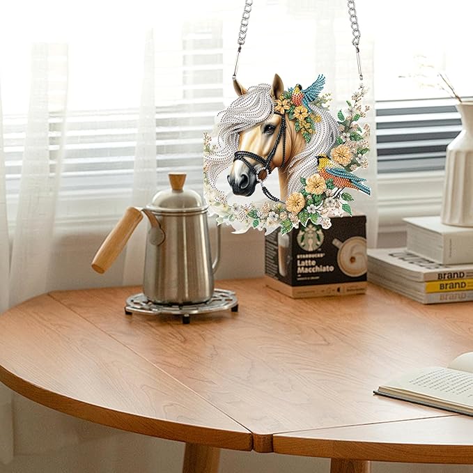 JZHYOAN Horse Diamond Painting Decorative Sign Diamond Art Hanging Kit DIY Hanging Diamonds Craft Pendant Wind Chimes with Diamonds Art Window Pendants Acrylic Pendants Crystal Arts Pendant Craft