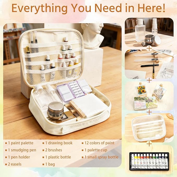 Mini Watercolor Travel Paint Set,22Pcs Artist Watercolor Palette Travel Set with Colors,Wooden Paint Box,Brush,Holder,Oil Cup,Bottles Storage Bag for Beginners Artists Student(12 Grids Purple)