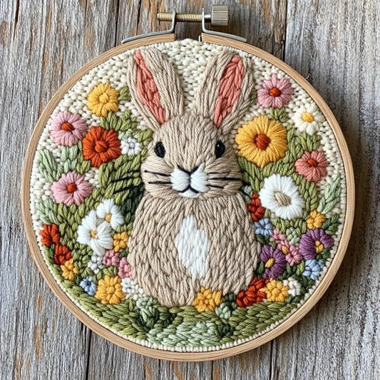 DIY Punch Needle Kits Cute Rabbit in Flowers Easy for Beginners Punch Needle Embroidery Set with Hoop Stamped Pattern for Craft Lovers and Home Decor-10