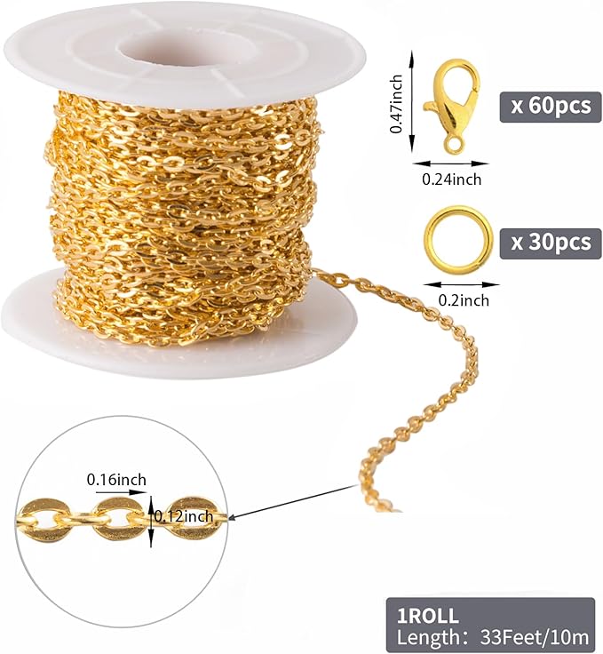 Lemonkey 33 Feet Metal Gold Necklace Chains Cable O-Shaped Links Chains Bulk for Jewelry Making DIY Craft Kit with Lobster Clasps Jump Rings