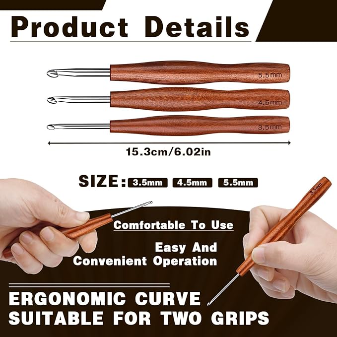 Nitlak Crochet Hooks Set, 3 Size Aluminum Ergonomic Crochet Hooks with Wooden Handle for Arthritic Hands, Beginners, Crochet Needles for Knitting Sweaters, Blankets(3.5mm/4.5mm/5.5mm)