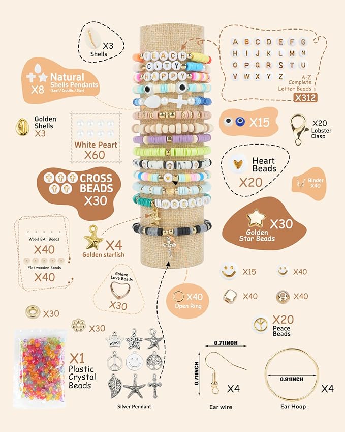 BestNow Clay Beads 3 Boxes Bracelet Making Kit Heishi Beads for Jewelry Making Round Letter Beads with Charm Elastic Strings Friendship Bracelets Holiday Arts and Crafts Gifts for Girls Adults