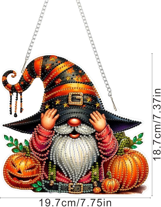 SENQAO Halloween Gnome Pumpkin Diamond Art Hanging Kits for Adults Beginners, DIY Acrylic 5D Special Shaped Crystal Diamond Gem Art Painting Hanging Ornament for Home Wall Decor and Gift