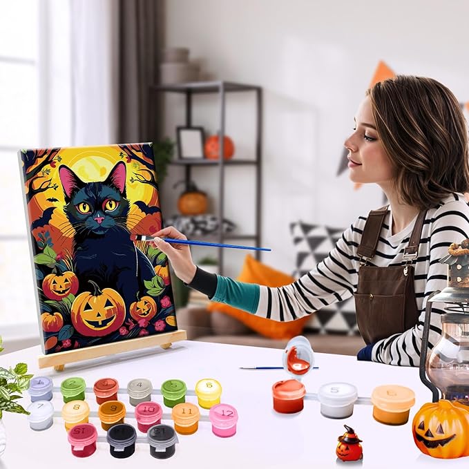 JOOZ Paint by Numbers Kit for Adults with Frame Halloween Paint by Number with Easel Black Cat Adult Paint by Number Kits Framed Canvas DIY Oil Painting Kits for Ideal Gift Home Wall Decor 8x12 Inch