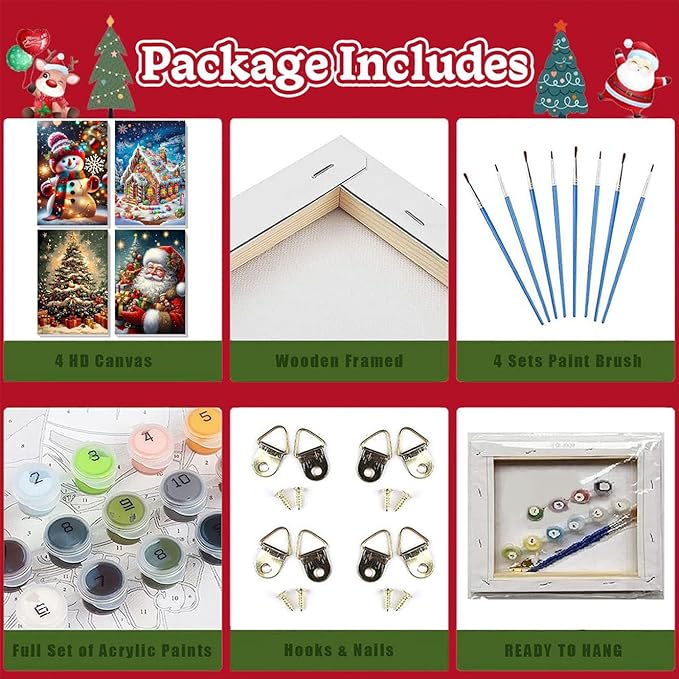 Christmas Paint by Numbers for Adults with Framed Canvas - with Wooden Easel, 4 Pack Paint by Number for Beginners, Xmas Acrylic Oil Painting on Canvas with Brushes for Home Wall Decor (8x12 inch)
