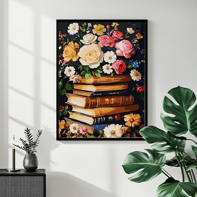 Book Paint by Numbers for Adult,Flowers Paint by Numbers Kit for Adults Beginners, DIY Acrylic Painting on Canvas for Home Wall Art Decor 16x20 Inch