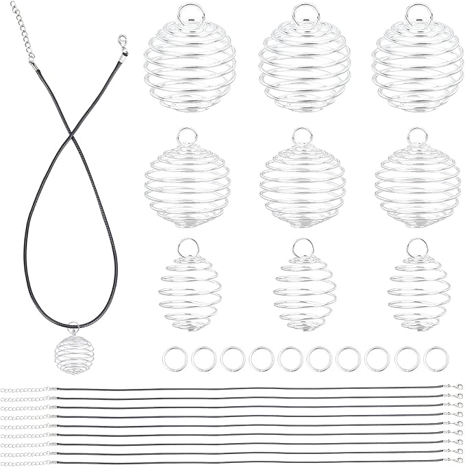 PH PandaHall Iron Crystal Holder Necklace Kit, 24pcs 3 Sizes Spiral Stone Tumbled Rock Bead Cage with 24pcs 17" Waxed Cotton Necklace Cord 50pcs Jump Rings for Lucky Charms,14/20/25mm