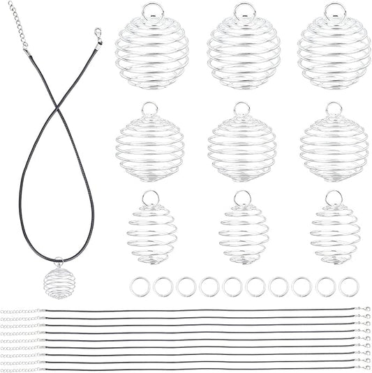 PH PandaHall Iron Crystal Holder Necklace Kit, 24pcs 3 Sizes Spiral Stone Tumbled Rock Bead Cage with 24pcs 17" Waxed Cotton Necklace Cord 50pcs Jump Rings for Lucky Charms,14/20/25mm