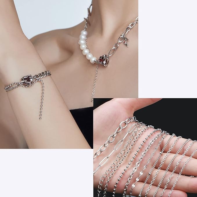 ecoofor necklace chain for jewelry making, 95.1 feet 12 rolls stainless steel jewelry chains for diy necklace bracelet making with stainless steel jump rings/lobster clasps/connectors