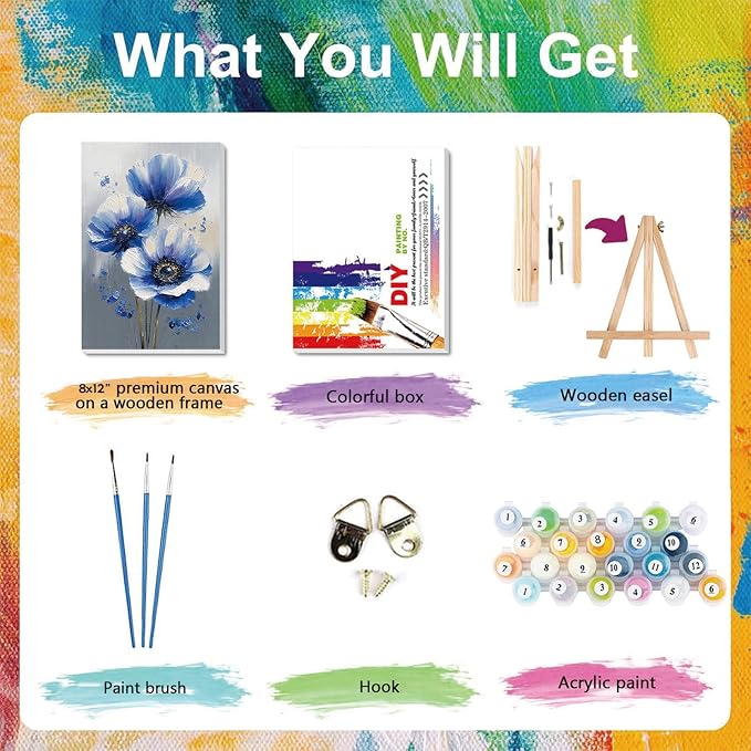 Easy Flower Paint by Numbers for Adults with Framed Canvas - with Wooden Easel, Flowers Paint by Number for Beginners, DIY Acrylic Oil Painting on Canvas with Brushes for Home Wall Decor (8x12 inch)