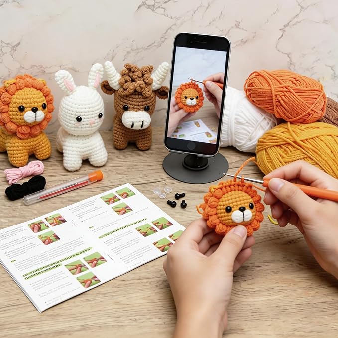 GONELYON Crochet Kit for Beginners, 3Pcs Amigurumi Crochet Animal Kits, Crocheting Kit for Starters Adult with Step-by-Step Video Tutorials, Animal Kits with Highland Cow, Lion, Bunny