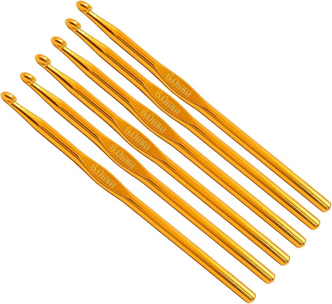 Auvotuis 6Pcs 6mm US Size J (Size 10) Aluminum Crochet Hook Knitting Needles for DIY Craft Yarn, Gold Tone