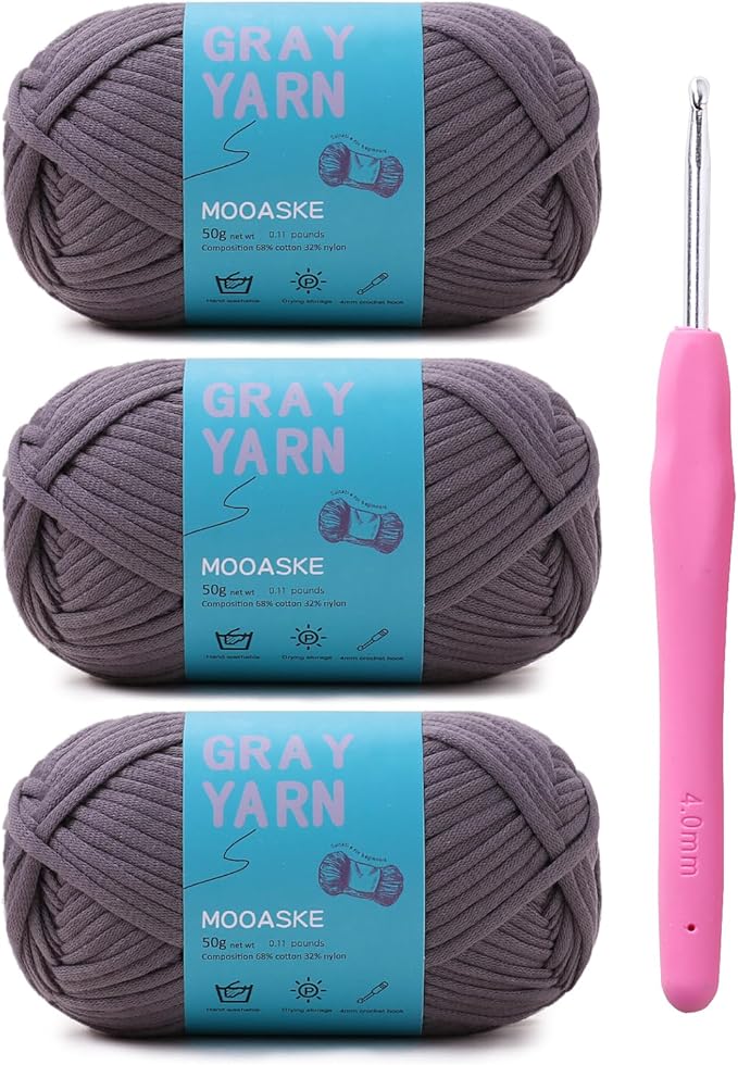 3 Pack (3 x 50g) Crochet Yarn with Crochet Hook - Worsted Medium Yarn for Crocheting - Easy-to-See Stitches Cotton-Nylon Blend Beginner Knitting Yarns for Adults and Kids