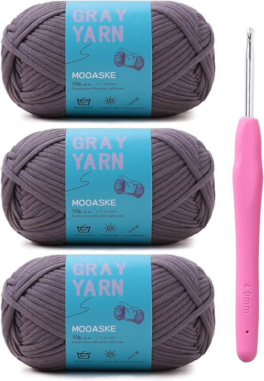 3 Pack (3 x 50g) Crochet Yarn with Crochet Hook - Worsted Medium Yarn for Crocheting - Easy-to-See Stitches Cotton-Nylon Blend Beginner Knitting Yarns for Adults and Kids