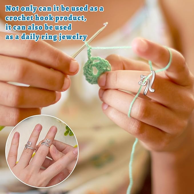 8 Pcs Crochet Ring, Adjustable Crochet Ring for Finger, Tension Rings Cat Yarn Guide Yarn Knitting Thimble, Faster Knitting Crocheting Accessories for Mother Grandma