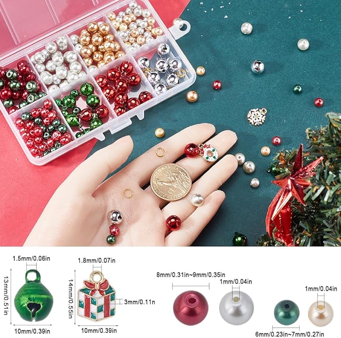 SUNNYCLUE 1 Box 240Pcs 6 Sets Christmas Charms Beading Bracelets Making Kit Small Jingle Bells Red Green Beads Holiday Cheerful Sound Adult Bell Winter Snowflake Charms for Jewelry Making Kits