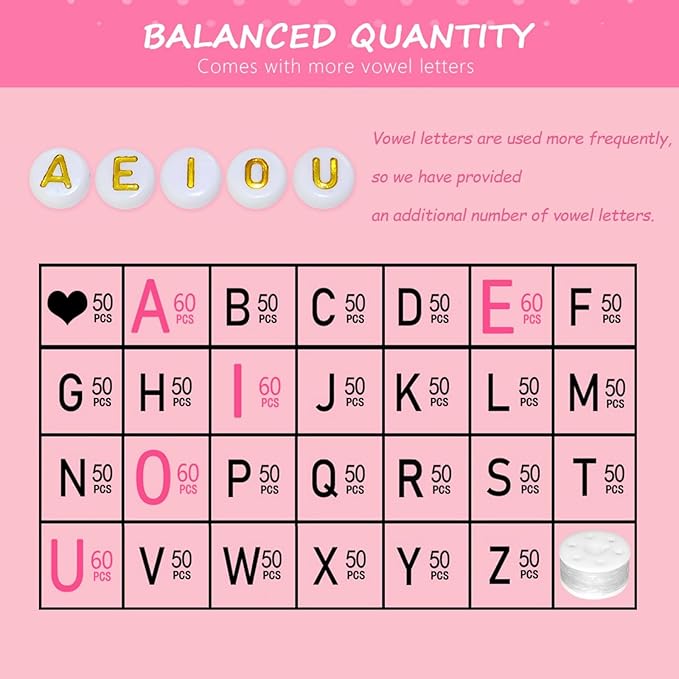 Looconi 1400pcs Letter Beads A-Z 4x7mm White On Gold Round Acrylic Alphabet Heart Beads and Beading Cord for Jewelry Making Bracelets Necklaces Key Chains