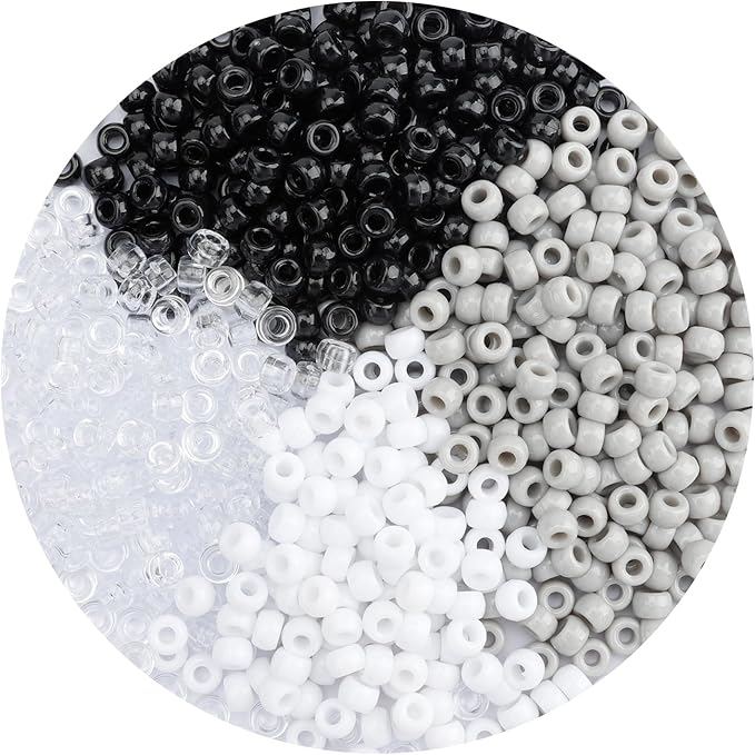 anpiwshjo pony beads bulk 1100 pcs, beads jewelry making, beads bracelets making, hair beads, bracelet beads, plastic beads crafts, hair beads braids girls(black, white & gray color)