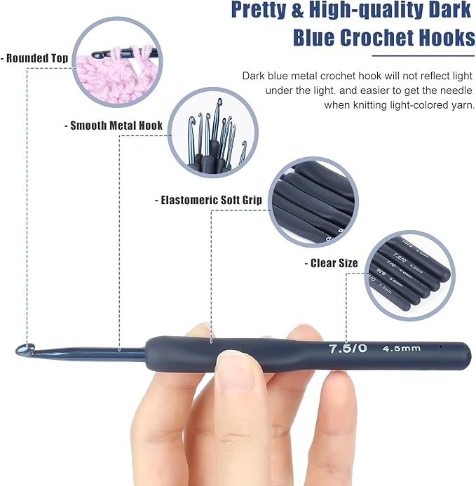Coopay Dark Blue Crochet Hooks Ergonomic Soft Grips, 9PCS Crochet Set Aluminum Crochet Needle for Beginners/Professionals, Ergonomic Crochet Hook Set for Arthritic Hands, Ideal Crochet Accessories
