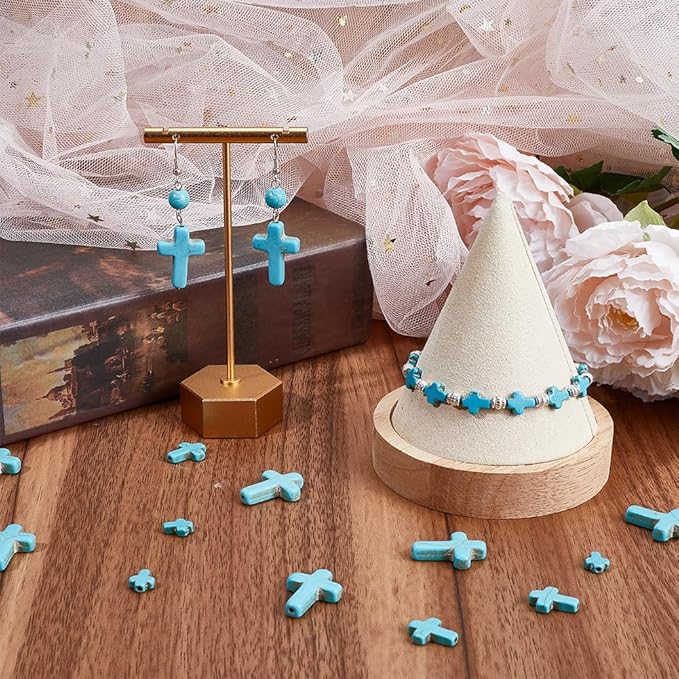 SUNNYCLUE 90Pcs 3 Sizes Mini Blue Turquoise Cross Beads 10/16/25mm for Jewelry Making Supplies