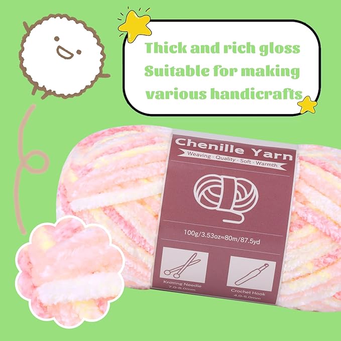 LUNARM Chenille Yarn for Crocheting Knitting, 3 Skein 10.58 oz / 263 Yard Thick Soft Chunky Fluffy Weaving Plush Yarn for Blankets Clothes Pattern with Big Eye Needles(Peach Pink Gradient)