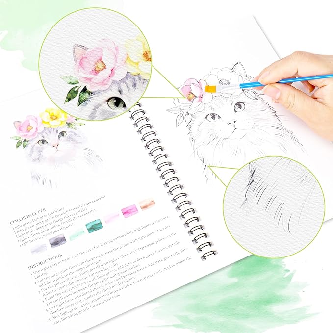 Watercolor Workbook - 13 Original DIY Design Patterns | Watercolor Paint Set with 48-Colors Palette and Brushes | Watercolor Book Set for Adults and Teenagers (Flowers & Animals)