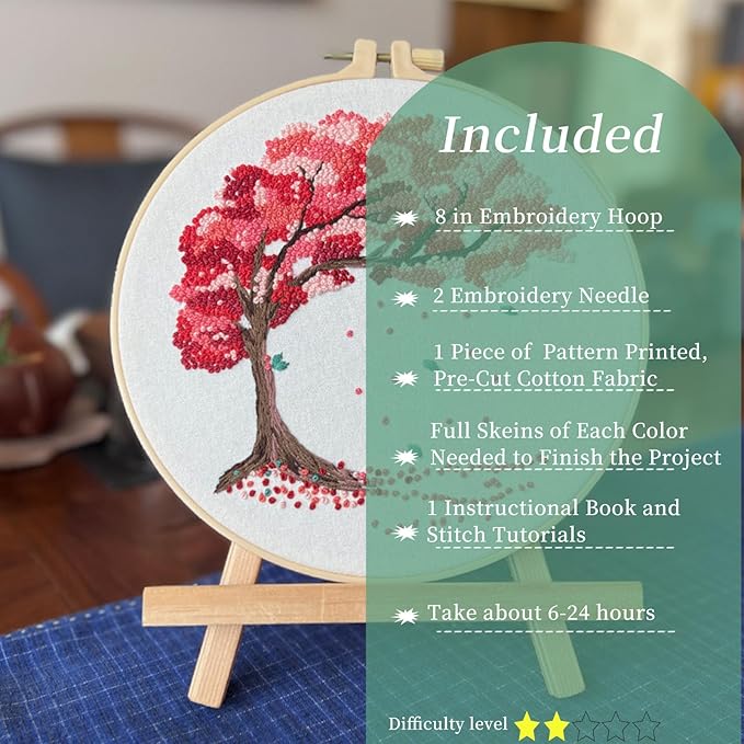 FONNUY Crewel Embroidery Kit for Beginners, Seasonal Tree Pre-Stamped Pattern Kits for Adults with Hoop, Easy to Follow Color Thread Needlework, 8'' (Pink)