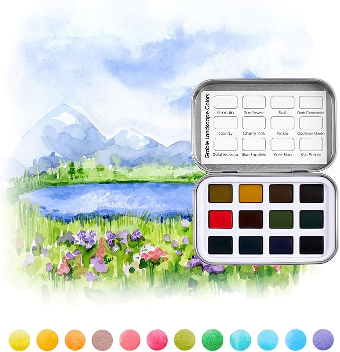 Grabie Pocket Watercolor Set of 12, Travel Watercolor Paint Set, Watercolor Paints, Art Supplies for Painting, Great Watercolor Set for Artists, Amateur Hobbyists and Painting (60 Color 5 Theme)