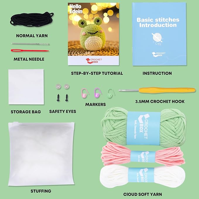 Crochet Kit for Beginners: Frog Crochet Kit for Adults, Learn to Crochet, Include Easy to Use Yarn, Step-by-Step Video, Patterns, Cute Animal Design, Thanksgiving Christmas Birthday Gift