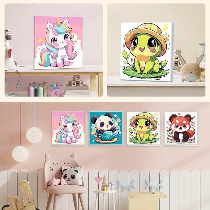 4 Pack Paint by Numbers for Kids with Wooden Framed, Cute Cartoon Unicorn, Panda, Frog, Paint by Number Kits on Canvas for Beginner, Acrylic Oil Painting Kits for Home Decor 8x8 inch, Kawaii Animals