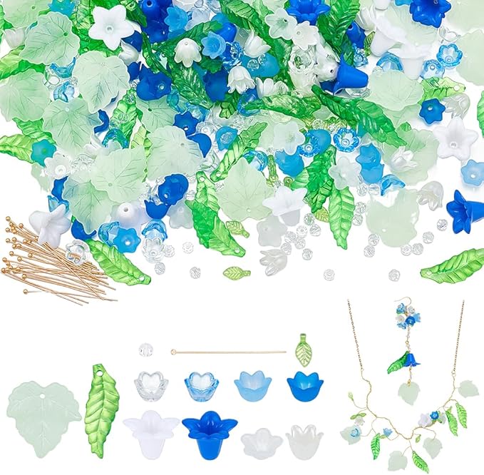 NBEADS 417 Pcs Acrylic Assorted Beads Kit, Tulip Flower Beads Caps Trumpet Flower Leaf Acrylic Pendants Leaf Loose Beads Earring Making Kit with Faceted Glass Beads Brass Ball Pins for Jewelry Making