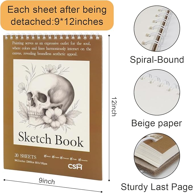 CSH 6 Pack Artist Sketch Book, 30 Sheets, 9x12 Inches, Brown Cover, for Pencil Crayon Charcoal Chalk Gouache, Spiral Bound Drawing Pad