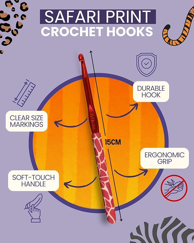 The Quilted Bear Safari Crochet Hook Set - 12 Ergonomic Soft Grip Crochet Hooks Set with Light Polymer Clay Handle for Comfortable Crocheting & Knitting (2mm-8mm)