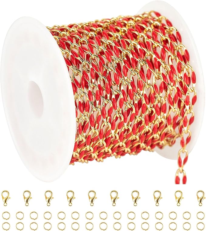 YOUBEIYEE Red Oil Drip Chain for Jewelry Making Gold Plated Brass Chain Roll with Jump Rings and Lobster Clasps Jewelry Supplies