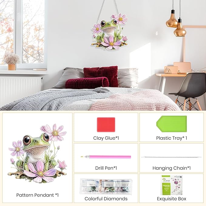 Hanging Diamond Art Kits for Adults Beginners, Frog Flower Diamond Painting Pendant Kit, DIY Acrylic 5D Special Shaped Crystal Diamond Gem Art Painting Hanging Ornament for Home Wall Decor and Gift